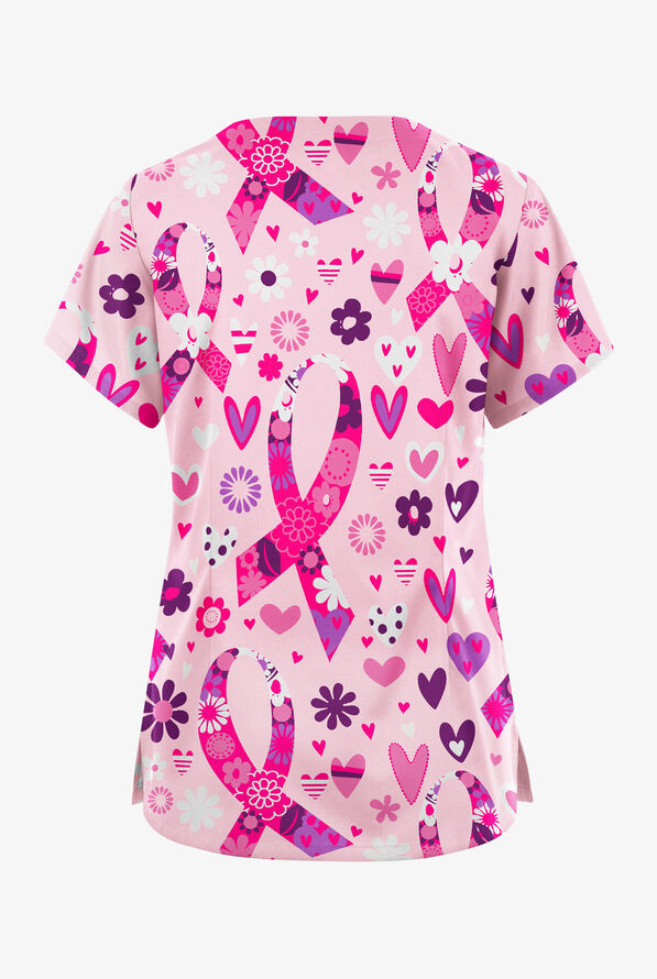Blusa médica estampada Butter-Soft Originals Hope Heals Blush con cuello festoneado y 6 bolsillos para mujer - null - 2