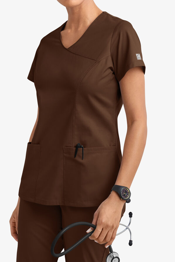 Butter-Soft STRETCH Women's 3-Pocket V-Neck Mock Wrap Scrub Top - Coffee Bean - 2