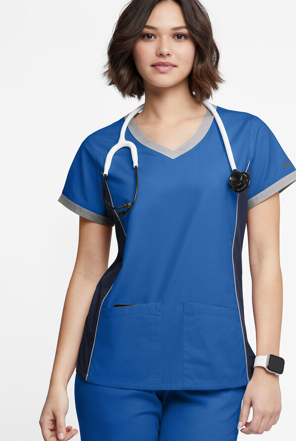 Blusa m&eacute;dica Butter-Soft Originals Tri-Colorblock con cuello en V y 4 bolsillos para mujer - Royal/Navy/Silver - 2