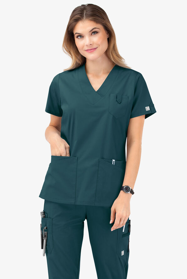 Butter-Soft STRETCH Women's 6-Pocket V-Neck Scrub Top - Caribbean Blue - 8