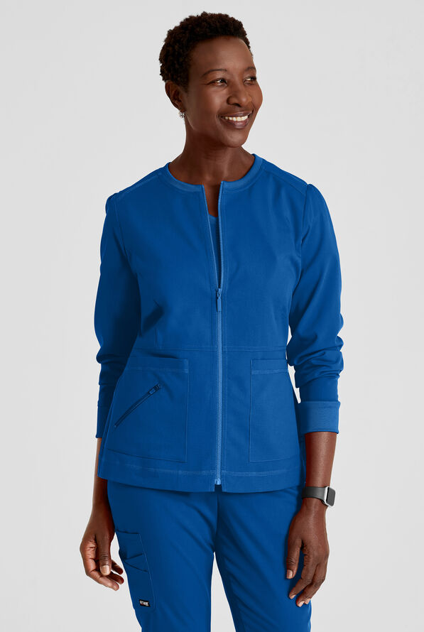 Grey's Anatomy by Barco Spandex STRETCH Millie Women's 3-Pocket Zip Front Warm Up Scrub Jacket - Royal - 2