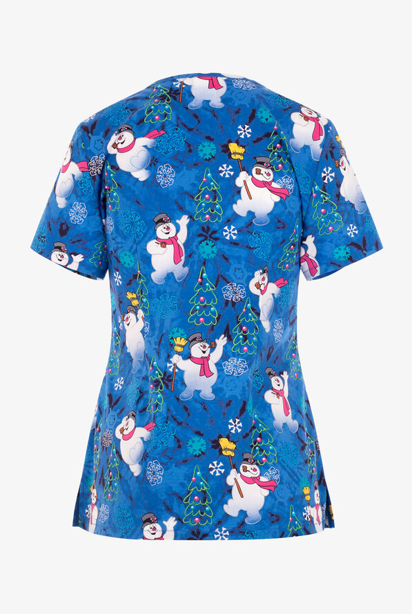 Tooniforms Fun Frosty The Snowman Women's 3-Pocket STRETCH V-Neck Print Scrub Top - null - 2