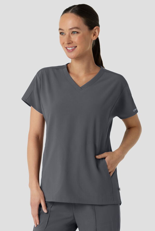 Wink Renew Women's 2-Pocket STRETCH Knit-Trim Dolman Tunic V-Neck Scrub Top - Pewter - 3