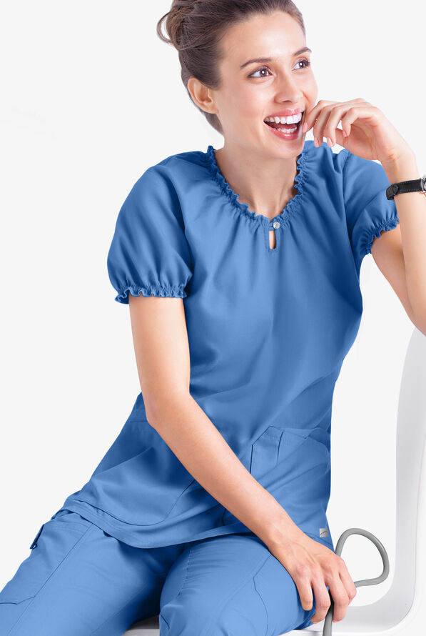 Butter-Soft Scrubs Women's 4-Pocket w/ Rhinestone Detail Keyhole Neck Scrub Top - Ceil Blue - 4