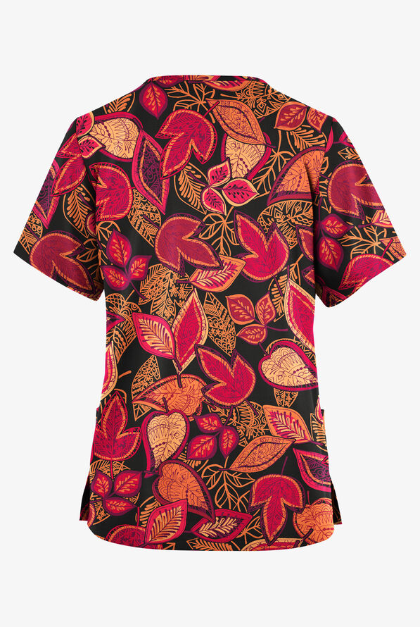 Butter-Soft Originals Black Filigree Leaves Women's 2-Pocket Classic Fit V-Neck Print Scrub Top - null - 2