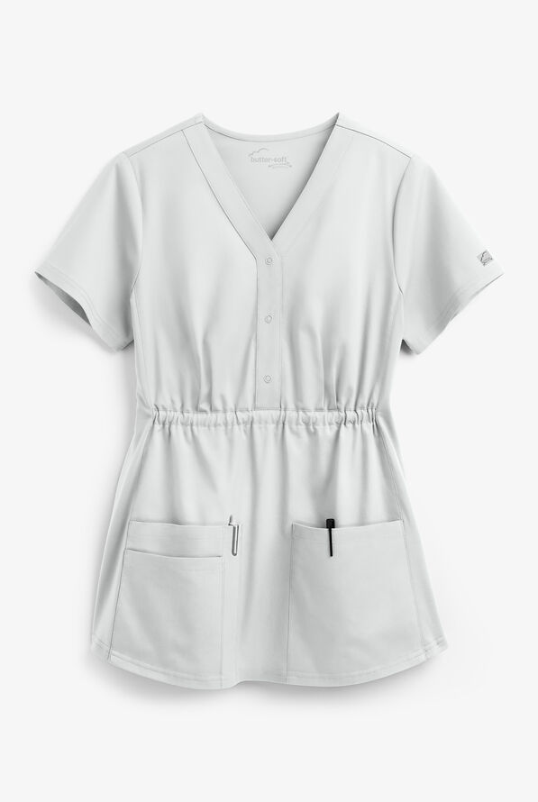 Butter-Soft STRETCH Women's 3-Pocket Knit Panel Maternity Scrub Top - White - 1