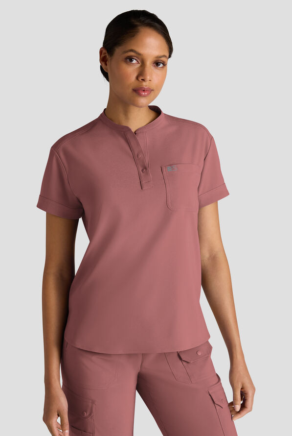 Easy STRETCH Bella Women's 1-Pocket Henley Scrub Top - Soft Chestnut - 1