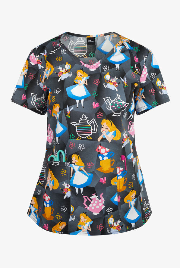 Tooniforms Disney's Paper Alice Women's 2-Pocket STRETCH V-Neck Print Scrub Top - null - 1