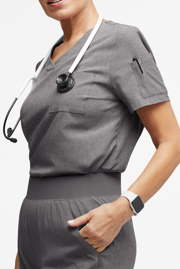 Easy STRETCH Chloe Women's 3-Pocket V-Neck Tuck-In Scrub Top - Graphite Heather - 4