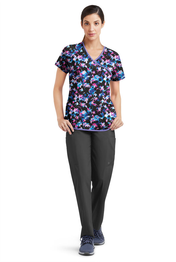Blusa médica estampada Easy Stretch Morning Garden Onyx con mangas raglán y 4 bolsillos para mujer - null - 2