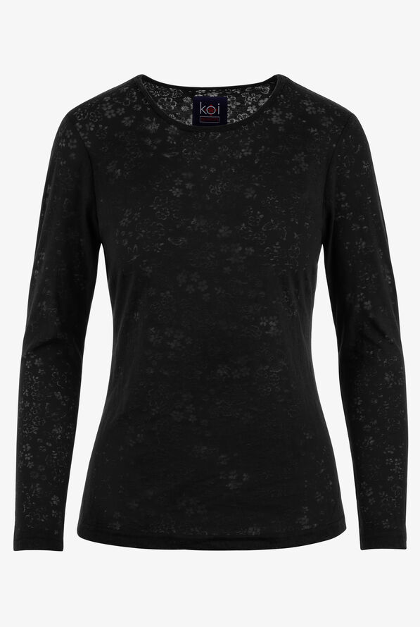 koi Stretch Presley Women's Flower Burnout Black Long Sleeve Knit Underscrub - null - 1