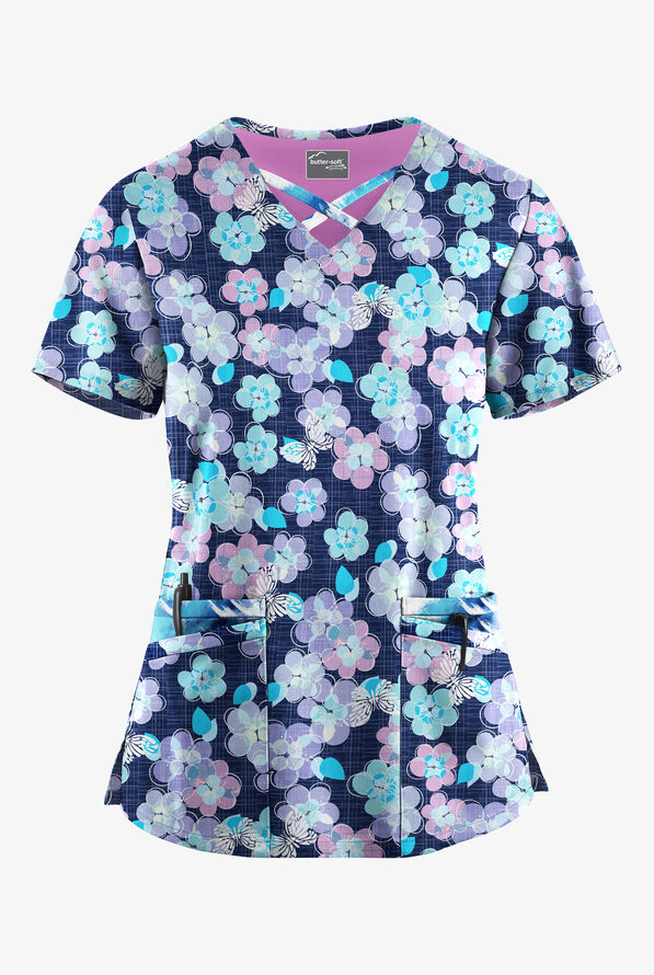Butter-Soft STRETCH Bloom Butterflies & Belize Ikat Womens 4-Pocket Crisscross Mixed Print Scrub Top - null - 1