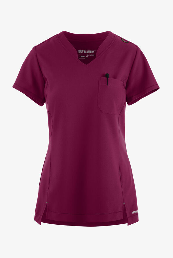 Grey's Anatomy by Barco Evolve STRETCH Sway Women's 1-Pocket Tuck In V-Neck Scrub Top - Wine - 1