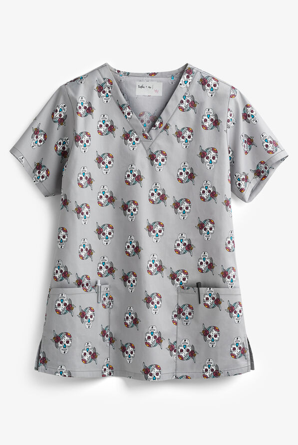 Tasha & Me Sugar Skulls Women's 2-Pocket V-Neck Print Scrub Top - null - 1