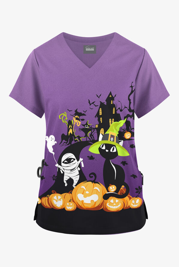 Butter-Soft Originals Spooktacular Halloween Black Women's 2-Pocket V-Neck Print Scrub Top - null - 1