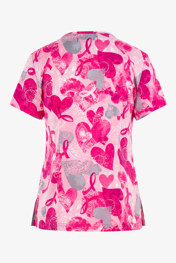 koi Basics Paisley Hearts Awareness Women's 2Pocket STRETCH VNeck