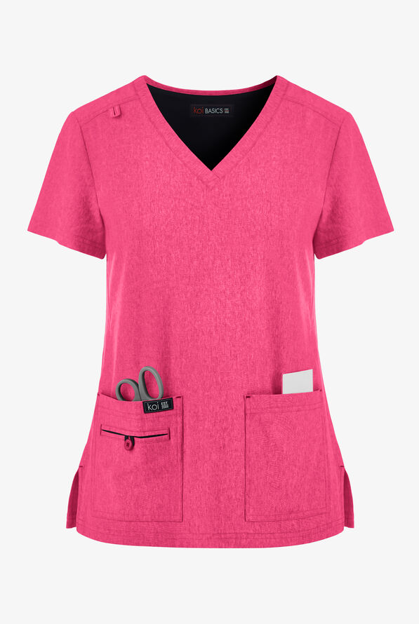 koi Basics Becca Women's 4-Pocket STRETCH V-Neck Scrub Top - Heather Pink Lemonade - 1