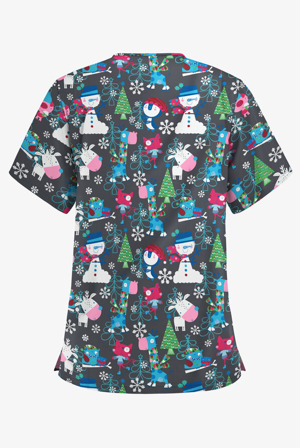 Butter-Soft Holiday Party Pewter Women's 3-Pocket V-Neck Print Scrub Top - null - 2