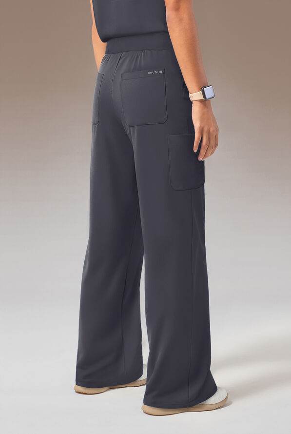 Hypothesis Y-Band Women's 6-Pocket Yoga-Style Knit Waist Wide Leg Scrub Pant - Petite - Pewter - 3