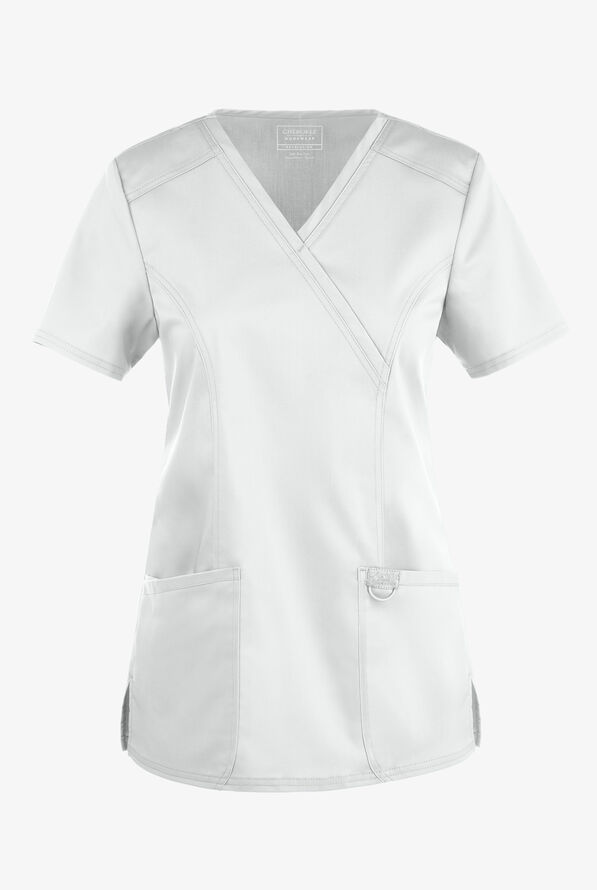 Cherokee Workwear Revolution Women's 2-Pocket STRETCH Mock Wrap Scrub Top - White - 1