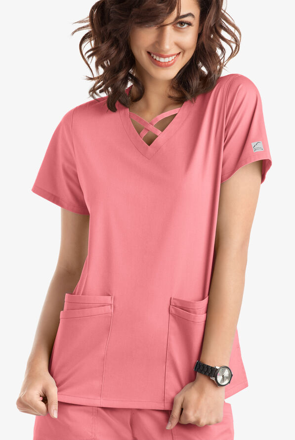 Blusa m&eacute;dica UA Butter-Soft STRETCH con lazos entrecruzados y 4 bolsillos para mujer - Guava Fizz - 2