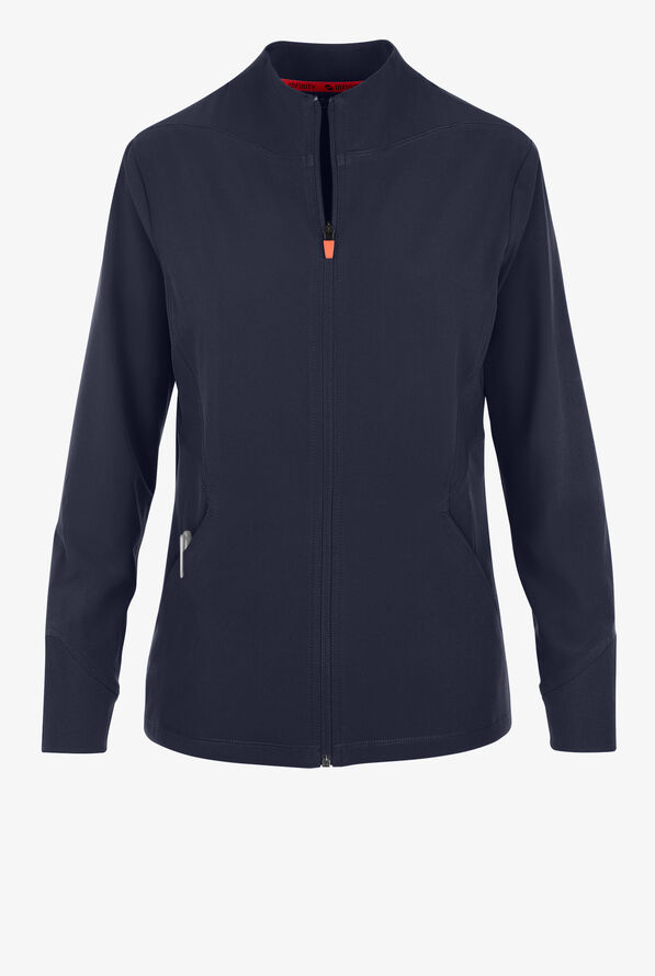 Infinity GNR8 Women's 4-Pocket STRETCH Rib-Knit Zip Front Round Neck Scrub Jacket - Navy - 1