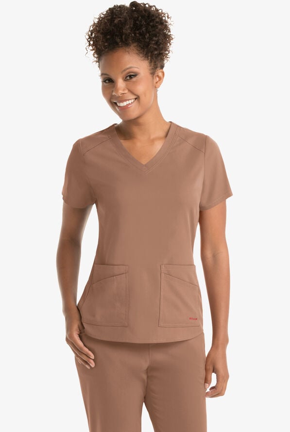 Blusa m&eacute;dica Grey&rsquo;s Anatomy Spandex STRETCH con cuello en V y 4 bolsillos para mujer - Warm Mocha - 2