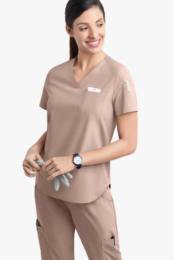 Easy STRETCH Chloe Women's 3-Pocket V-Neck Tuck-In Scrub Top - Mocha Meringue - 3