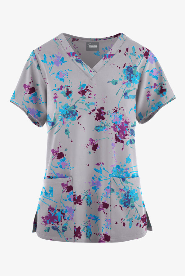 Butter-Soft Originals Floral Splash Silver Women's 4-Pocket Rounded V-Neck Print Scrub Top - null - 1