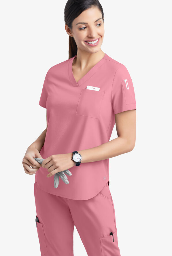 Easy STRETCH Chloe Women's 3-Pocket V-Neck Tuck-In Scrub Top - Cashmere Rose - 3
