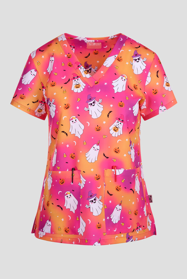 Zavate Ava Therese Boo-tiful Night Women's 2-Pocket STRETCH V-Neck Print Scrub Top - null - 1