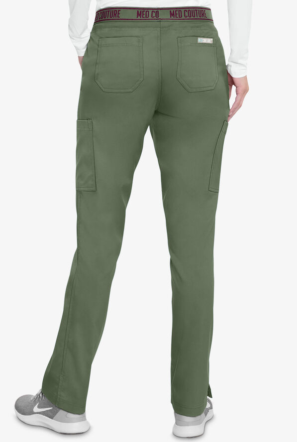 Med Couture Touch Women's 7-Pocket STRETCH Logo Elastic Double Cargo Yoga Scrub Pants - Olive - 2
