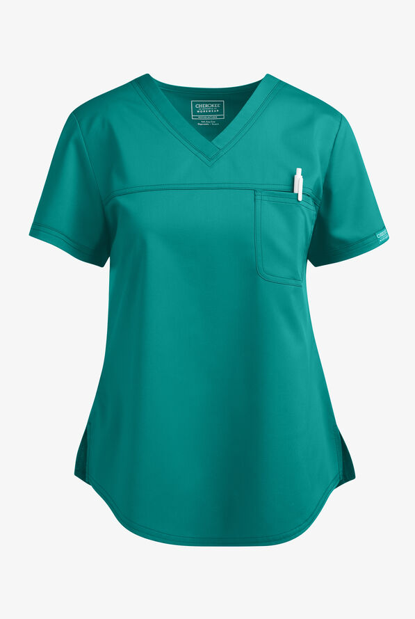Cherokee Workwear Revolution Women's 1-Pocket STRETCH Tuck In V-Neck Scrub Top - Teal - 1
