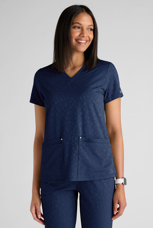 Easy STRETCH Lina Women's Jacquard 4-Pocket V-Neck Scrub Top - Navy - 1