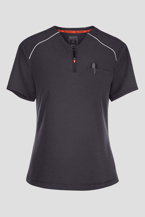 Infinity GNR8 Women's 1-Pocket STRETCH Tuck In Henley Mock Neck Scrub Top - Pewter - 1