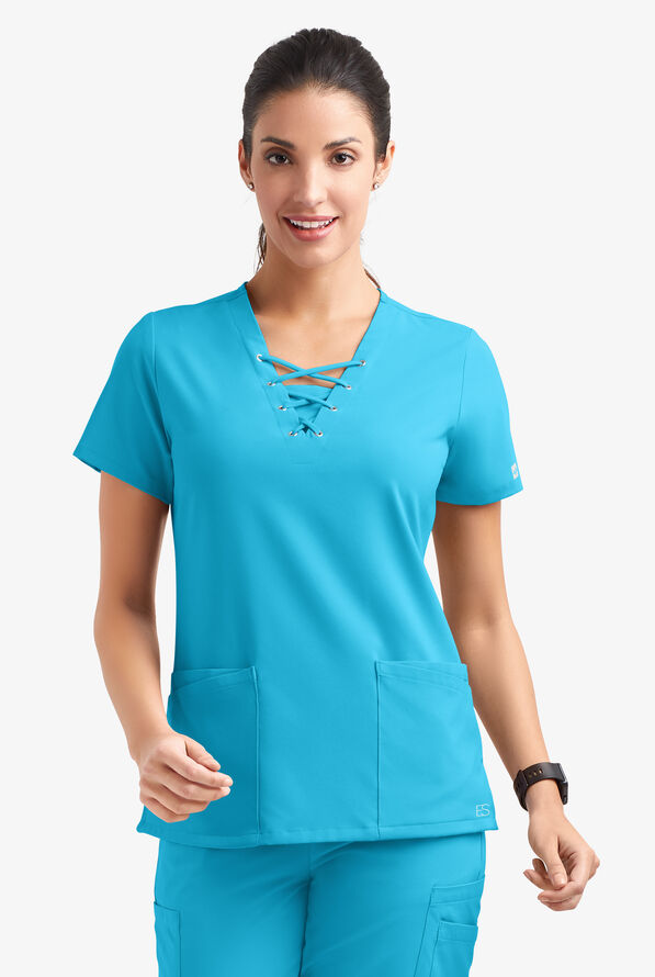 Easy STRETCH Gisele Women's 4-Pocket Lace Up V-Neck Scrub Top - Turquoise - 2