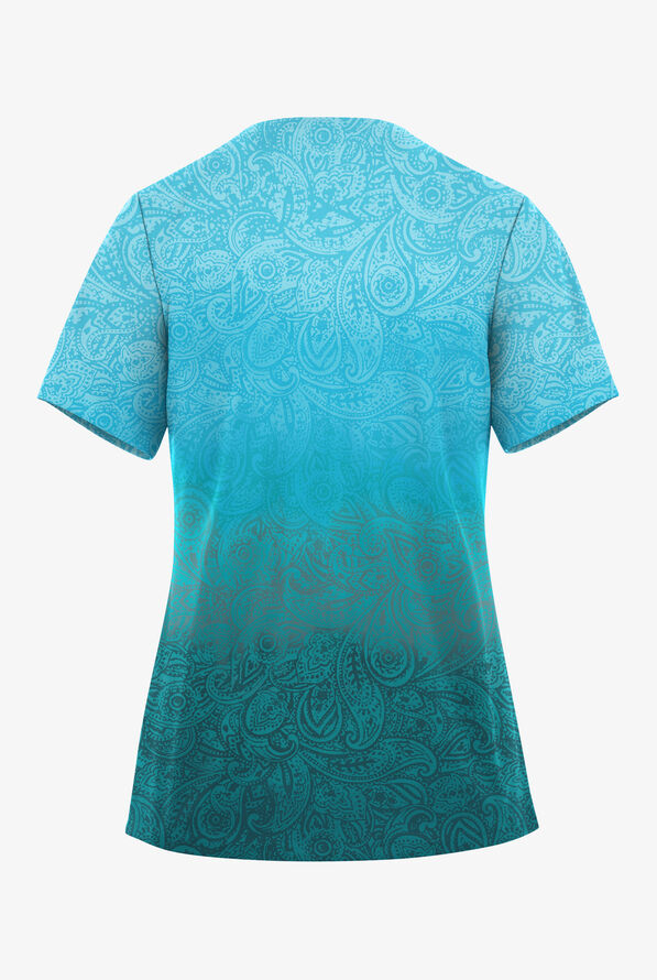 Easy STRETCH Lyon Paisley Caribbean Blue Women's 2-Pocket V-Neck Print  Scrub Top - null - 2