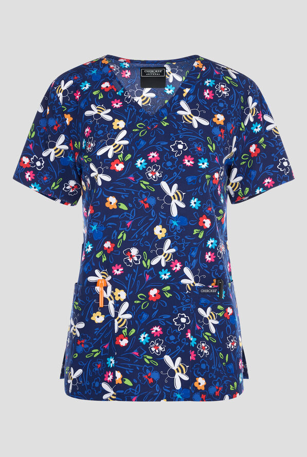Blusa médica estampada Cherokee Bumble Bee Bloom STRETCH con cuello en V y 2 bolsillos para mujer - null - 1