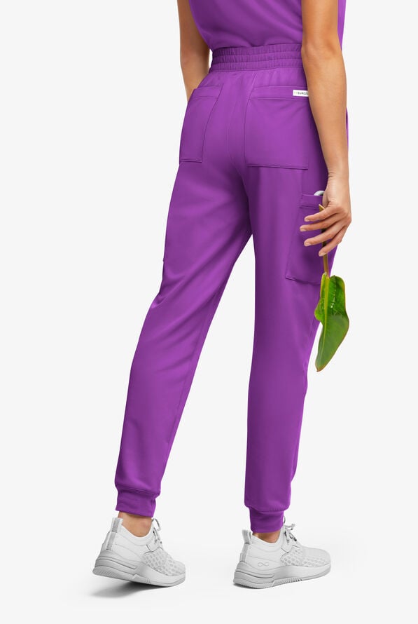 ReSurge Amber Women's Modern 7-Pocket Flat Front Slim Leg Jogger Scrub Pants - Fresh Purple - 4