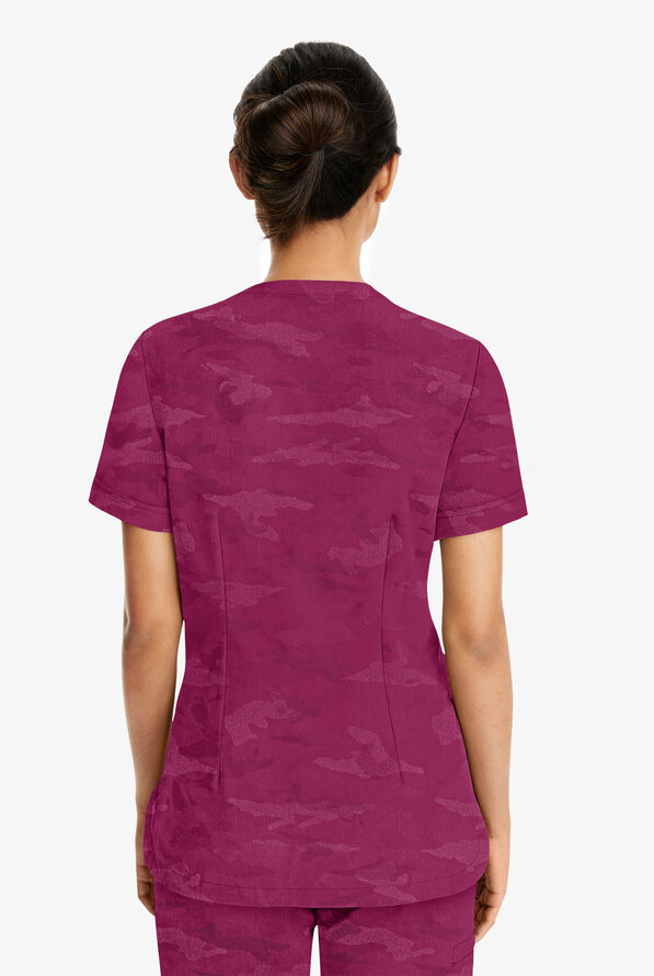Healing Hands Purple Label Joy Camo Women's 2-Pocket STRETCH V-Neck Scrub Top - Wine - 3