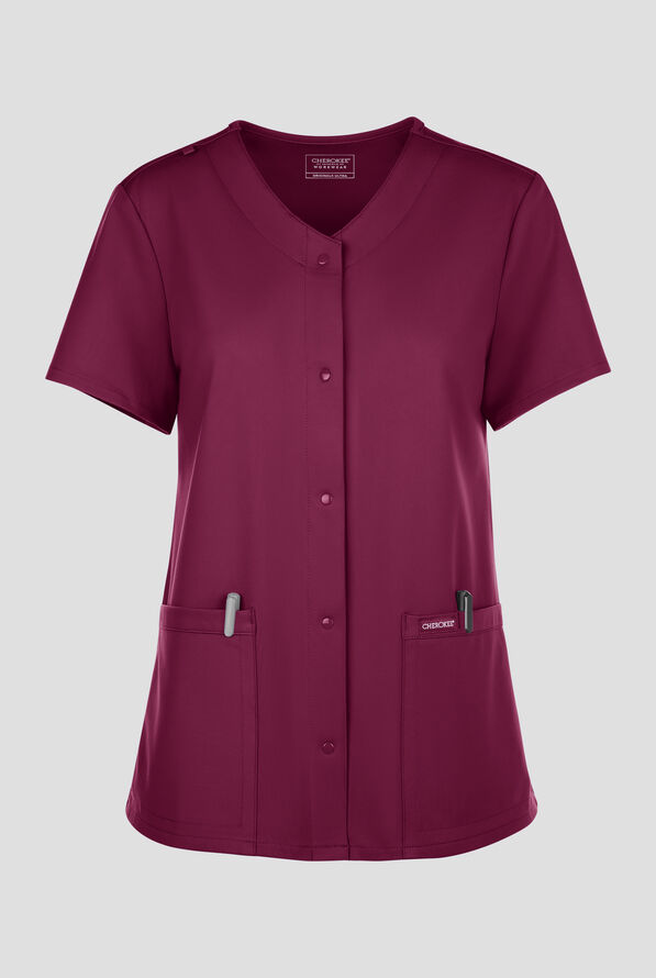 Cherokee Workwear Originals Ultra Women's 2-Pocket Snap Front V- Neck Scrub Top - Wine - 1
