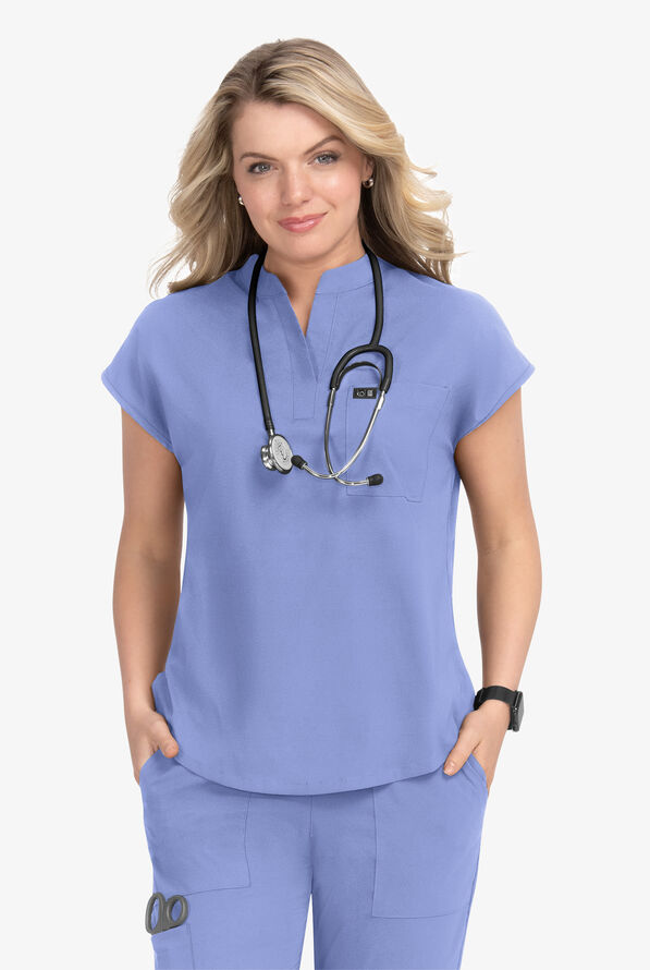 koi Basics Ari Women's 1-Pocket STRETCH Dolman Sleeve Mandarin Collar Scrub Top - Ceil Blue - 2