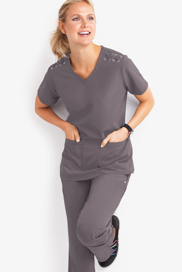 Blusa médica Easy STRETCH Leila con ojales y lazos para mujer - Grey Stone - 2