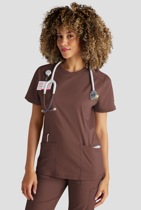 Butter-Soft STRETCH FLXTEK+ Women's 3-Pocket Crew Neck Scrub Top - French Roast - 1
