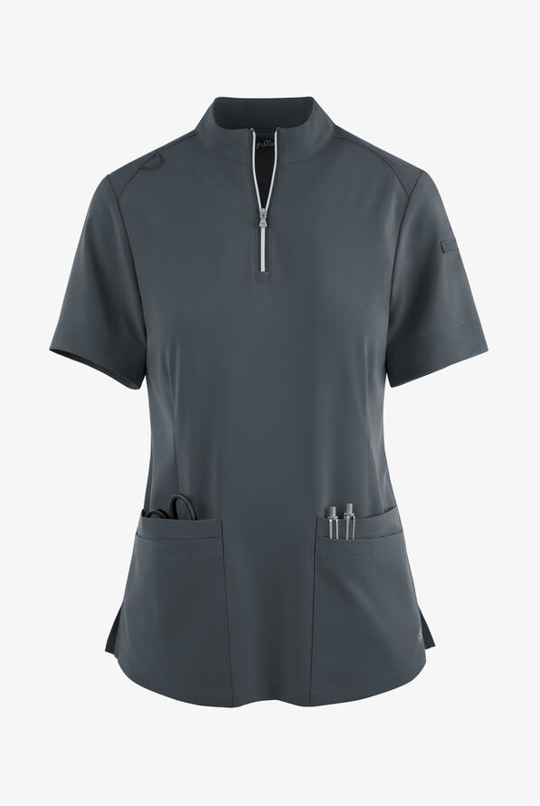 Easy STRETCH Jen Women's 4-Pocket Zip-Neck Short Sleeve Scrub Top - Pewter - 1