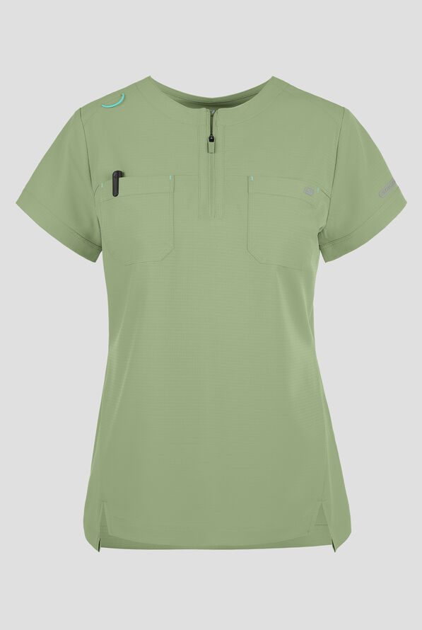 Skechers by Barco Ripstop Trek Women's 2-Pocket STRETCH Rounded Zip Neck Tuck In Scrub Top - Field Green - 1