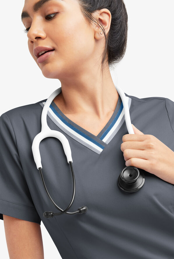 Butter-Soft STRETCH Women's 5-Pocket Short Sleeve V-Neck with Sport Trim Detail Scrub Top - Pewter - 5