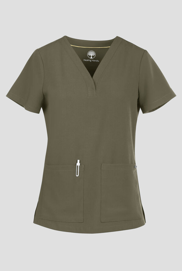 Healing Hands Quest Briana Women's 3-Pocket STRETCH Y-Neck Scrub Top - Olive - 1
