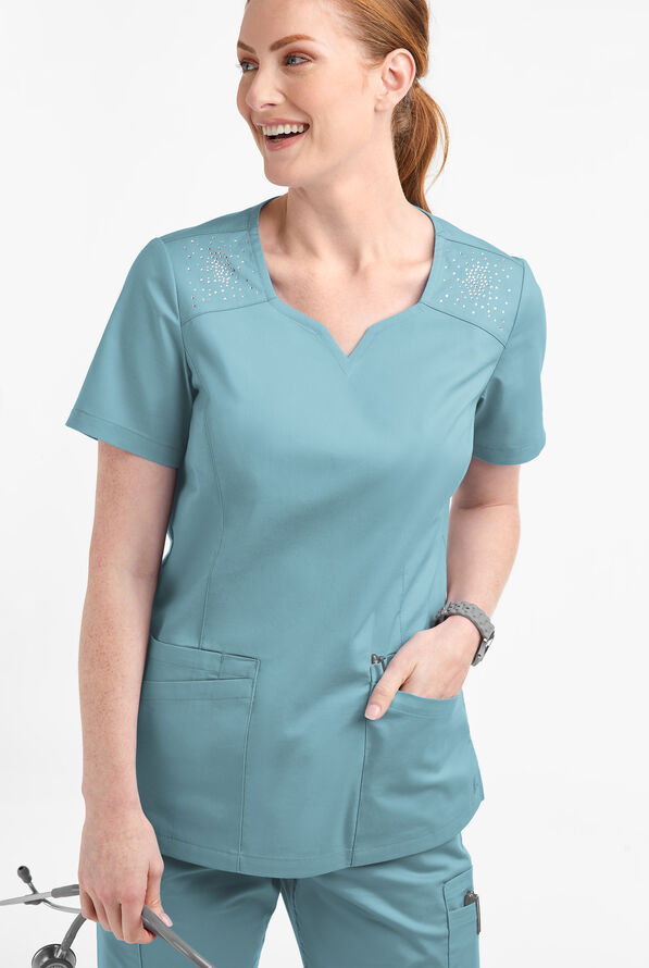 Butter-Soft STRETCH Women's 6-Pocket Crystal Bling Scrub Top - Dew Drop - 2