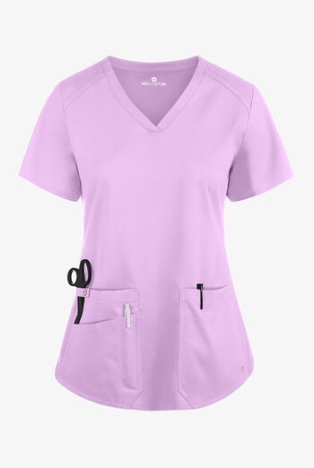 Blusa m&eacute;dica Med Couture Touch STRETCH con cuello en V, paneles laterales acanalados, fald&oacute;n camisero y 3 bolsillos para mujer